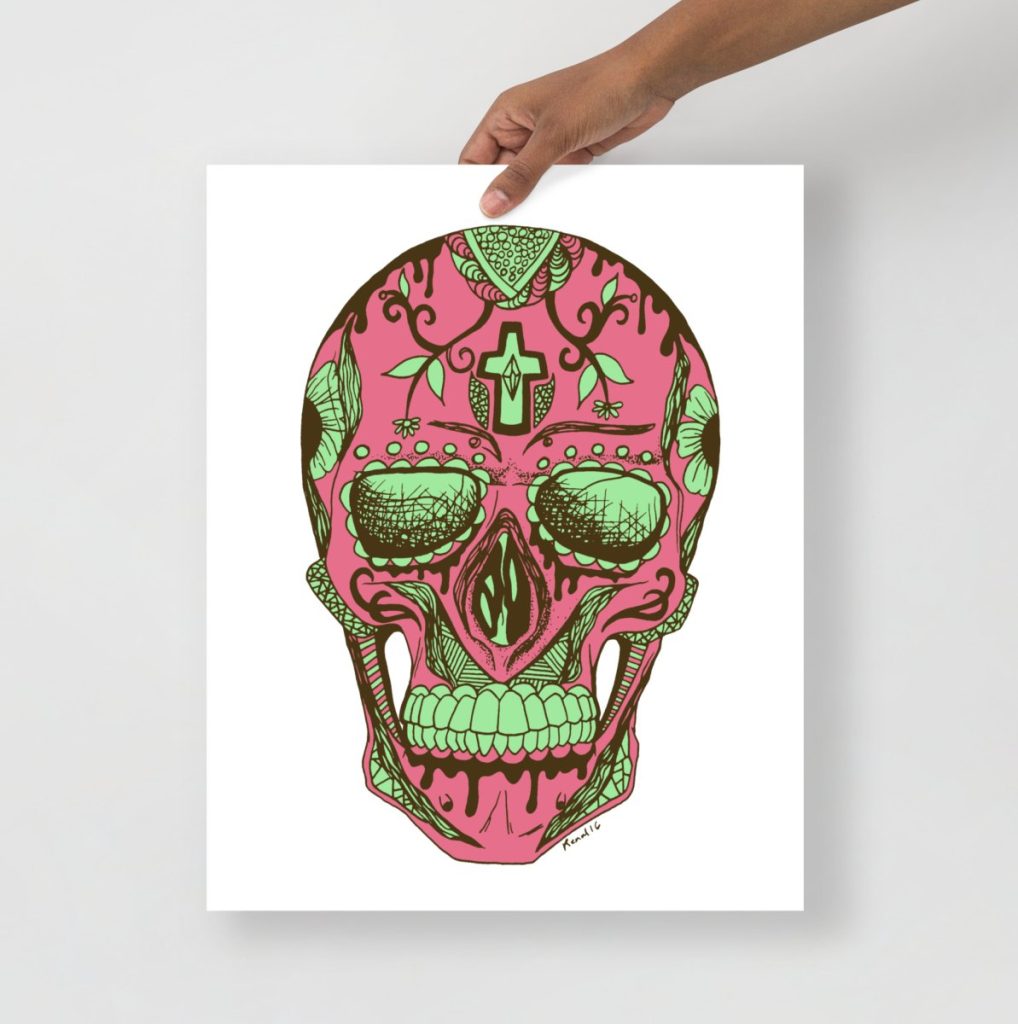 Day of the dead art prints collection piece showcasing a pink and green ornate skull