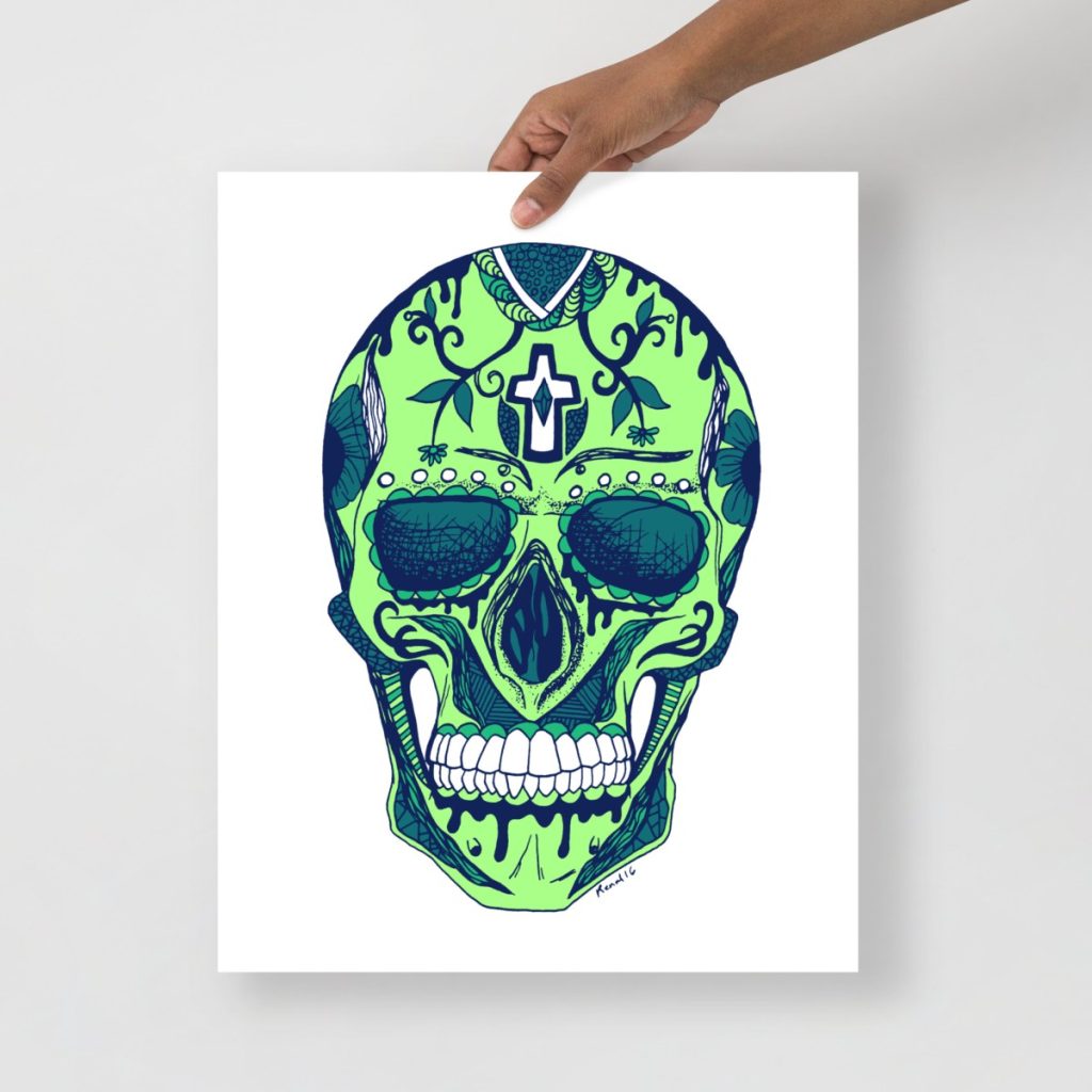 Deep green Los Muertos skull art print adorned with elaborate decorative floral motifs
