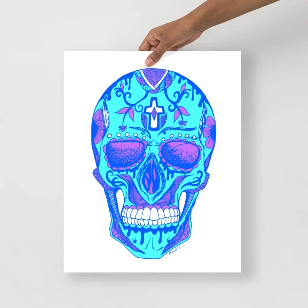 Vibrant blue day of the dead skull art print featuring intricate purple and pink floral patterns, ornamental details, and a glowing cross motif.