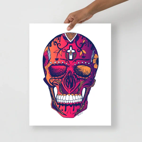 Colorful day of the dead skull art print featuring vibrant red, orange, and purple tones with floral and cross motifs