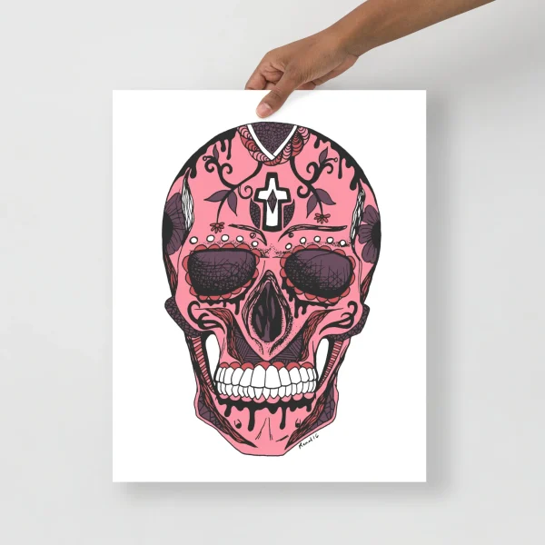 Mauve rose Day of the Dead skull art print with ornate cross, floral details, and white teeth on pink background