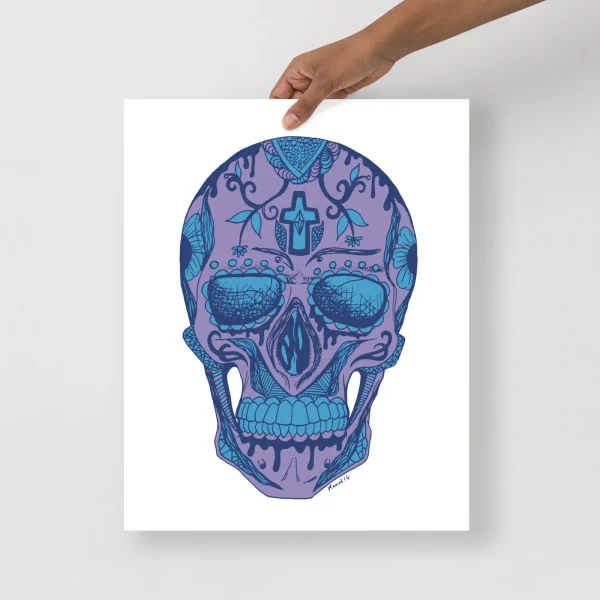 Day of the dead skull art print in mountain blue and purple with ornate floral and cross details