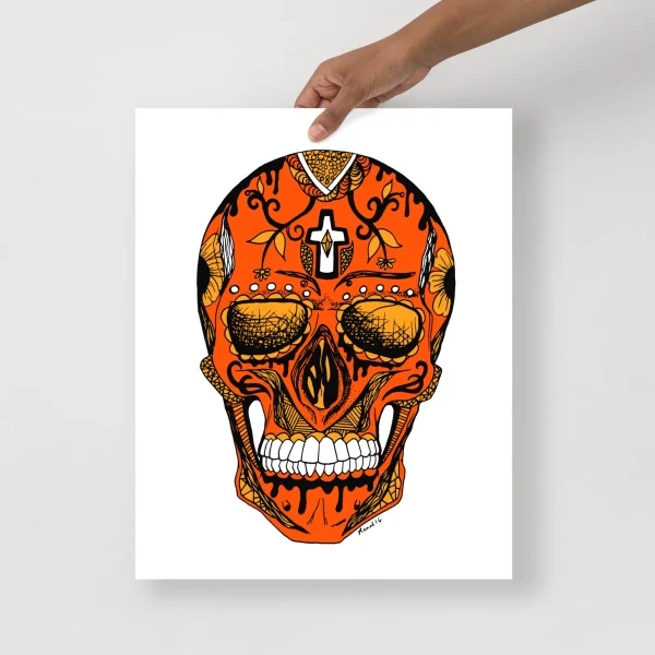 Orange Day of the Dead skull art print with intricate black pen and ink details, cross symbol, and decorative floral patterns