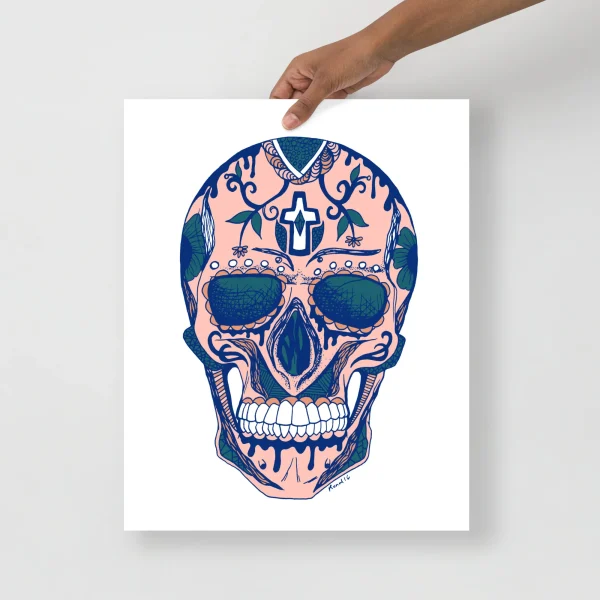 Pink and blue Day of the Dead skull art print with ornate floral patterns, cross motif, and decorative details on a white background.