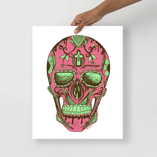 Day of the Dead skull art print in pink and green with ornate floral and botanical details in vibrant neon tones