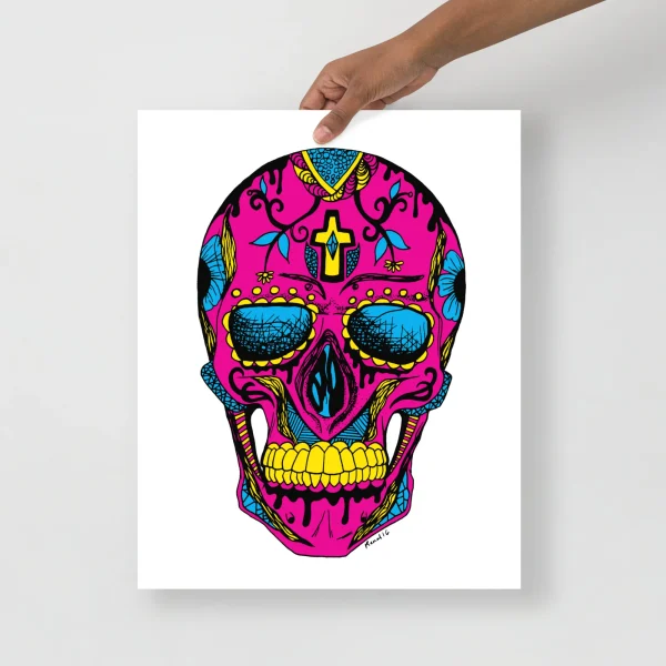 Vibrant pink day of the dead skull art print with blue, yellow, and black decorative details and floral patterns