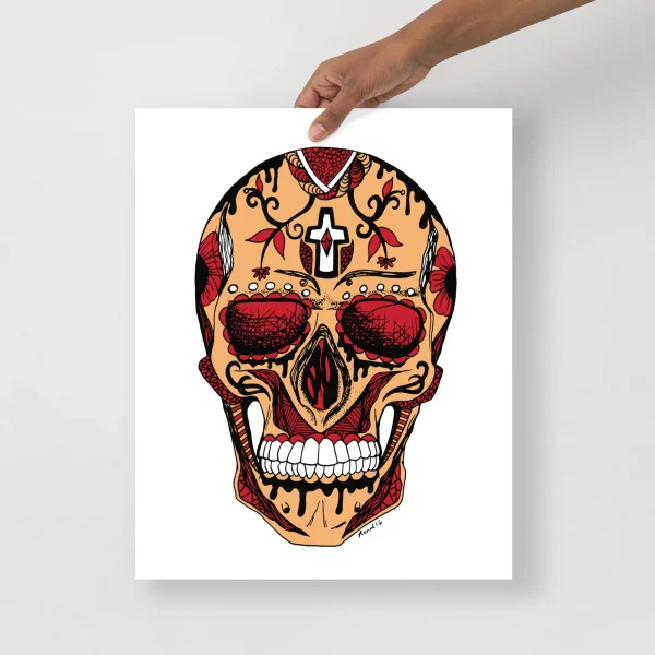 Day of the Dead skull art print featuring intricate red and gold skull design with cross motif and floral patterns on matte paper