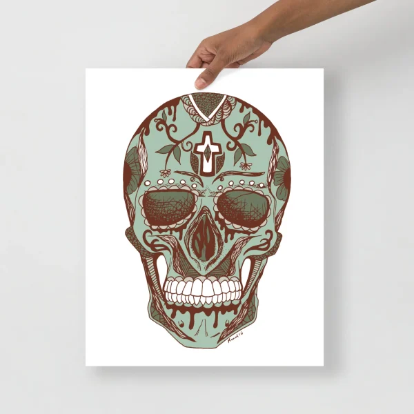 Day of the Dead skull art print in sage green with burgundy floral and cross details on white background