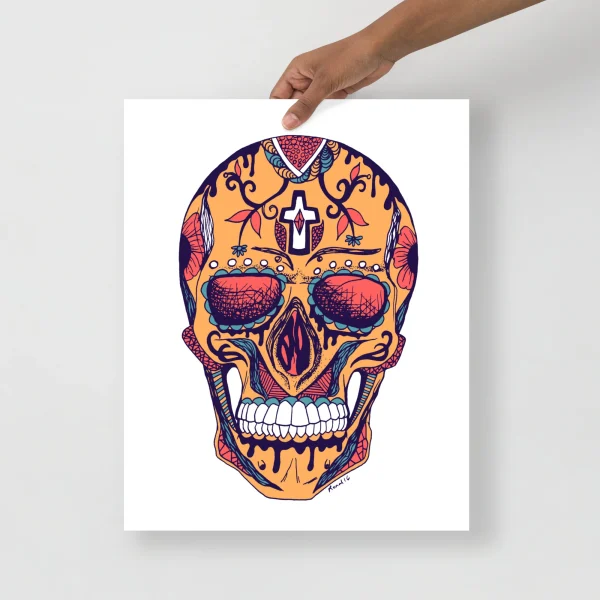 Colorful day of the dead skull art print with golden yellow background, ornate blue and red details, and a white cross motif.