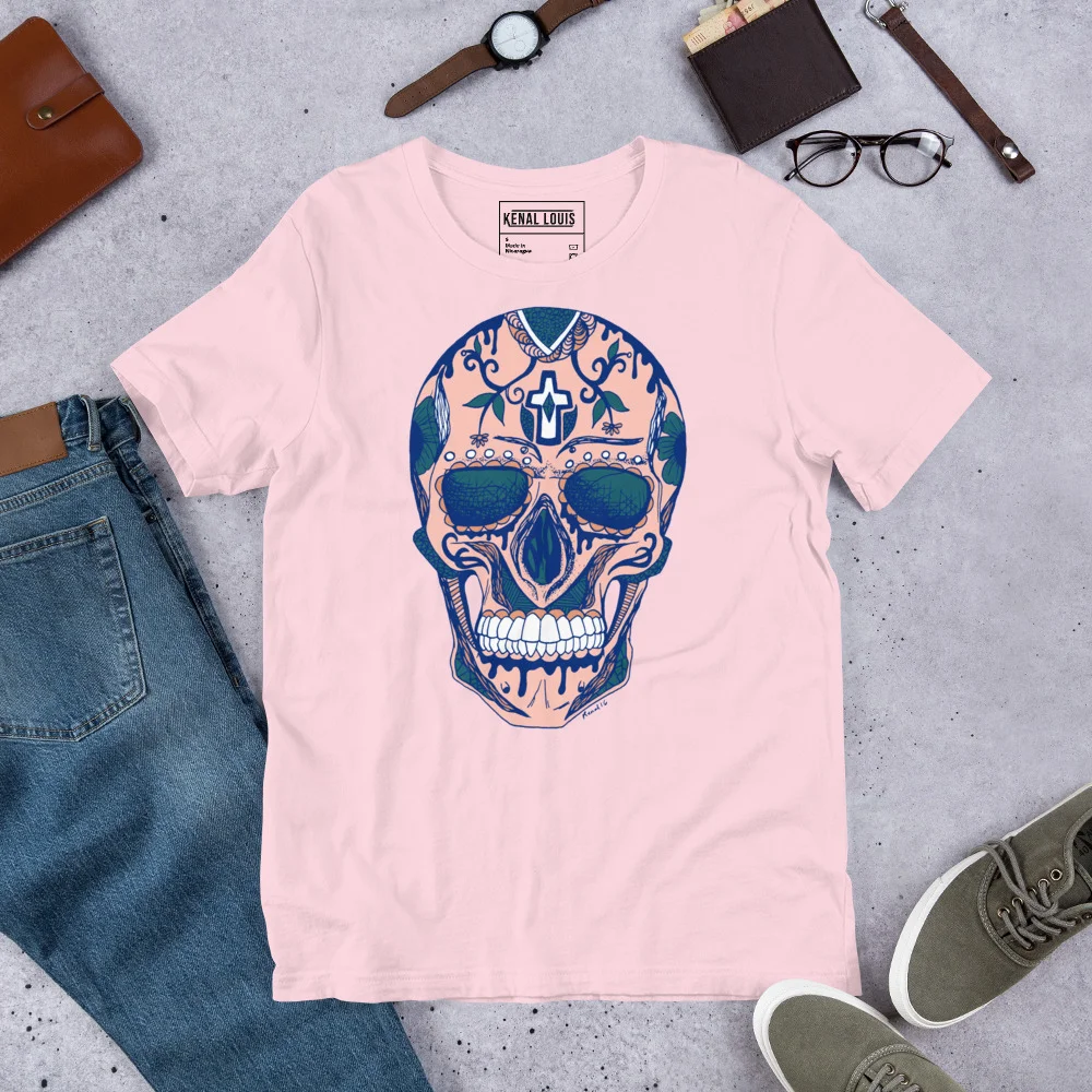 Day of the Dead Skull T-Shirt with Pink Floral Design