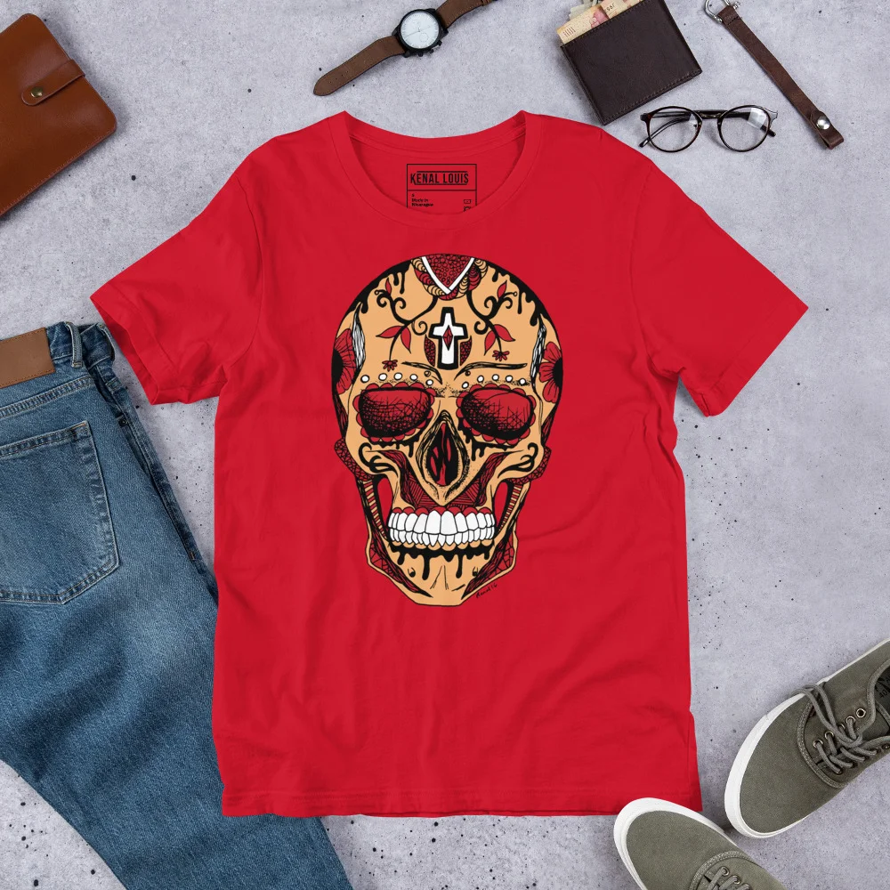 Red day of the dead skull t-shirt with ornate golden sugar skull design and cross motif, displayed flat lay.