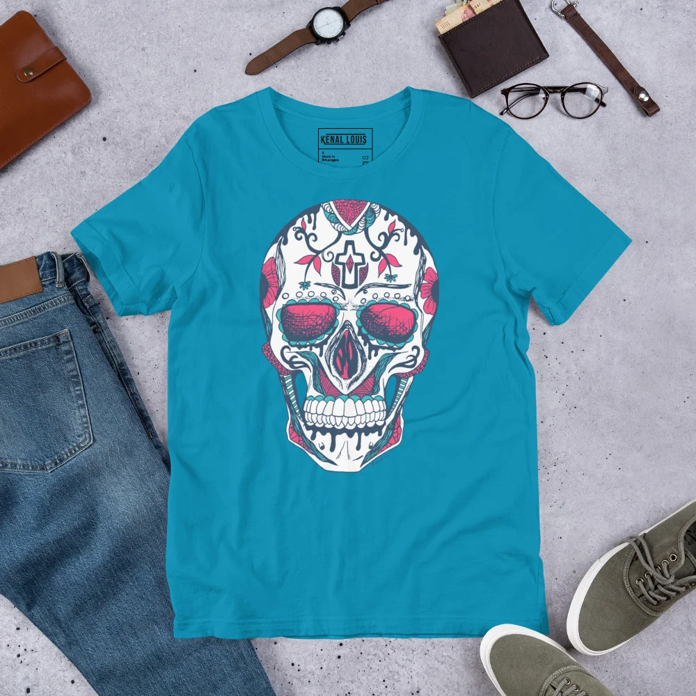 Aqua Day of the Dead t-shirt featuring an ornate white skull with pink and teal details, displayed flat lay with accessories