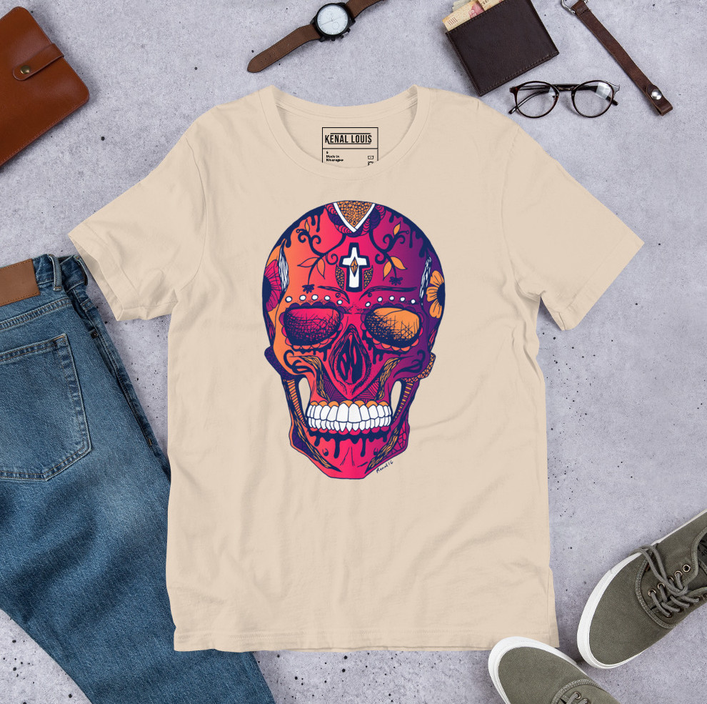 Warm sunset graphic skull tee celebrating day of the dead festive tradition