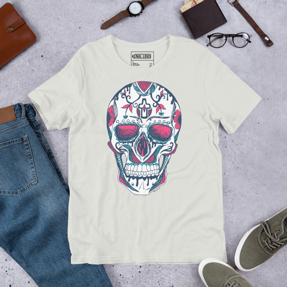 White rose adorned skull on day of the dead t shirts classic white tee