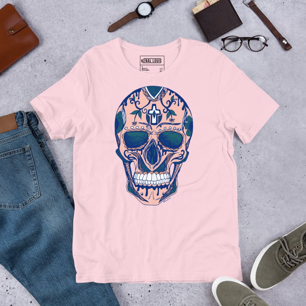 Delicate pink floral skull pattern on a day of the dead inspired cotton shirt