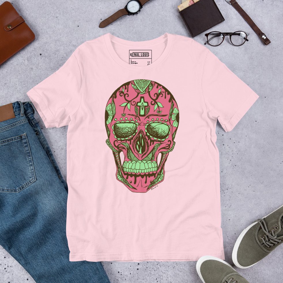 Vibrant pink and green day of the dead t shirts with decorative skull motif