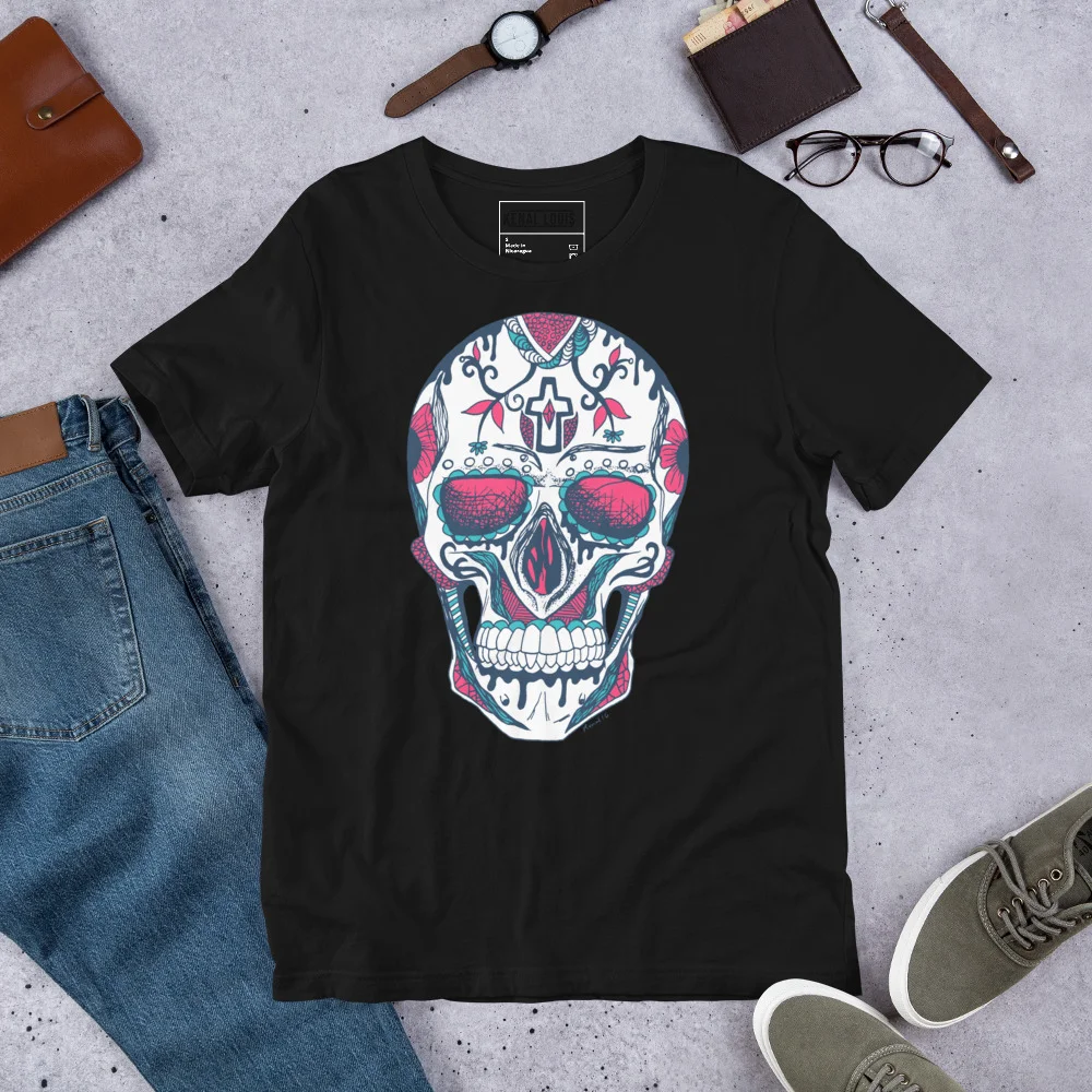 Black day of the dead t-shirt featuring a colorful sugar skull design with pink, teal, and white details on the chest.
