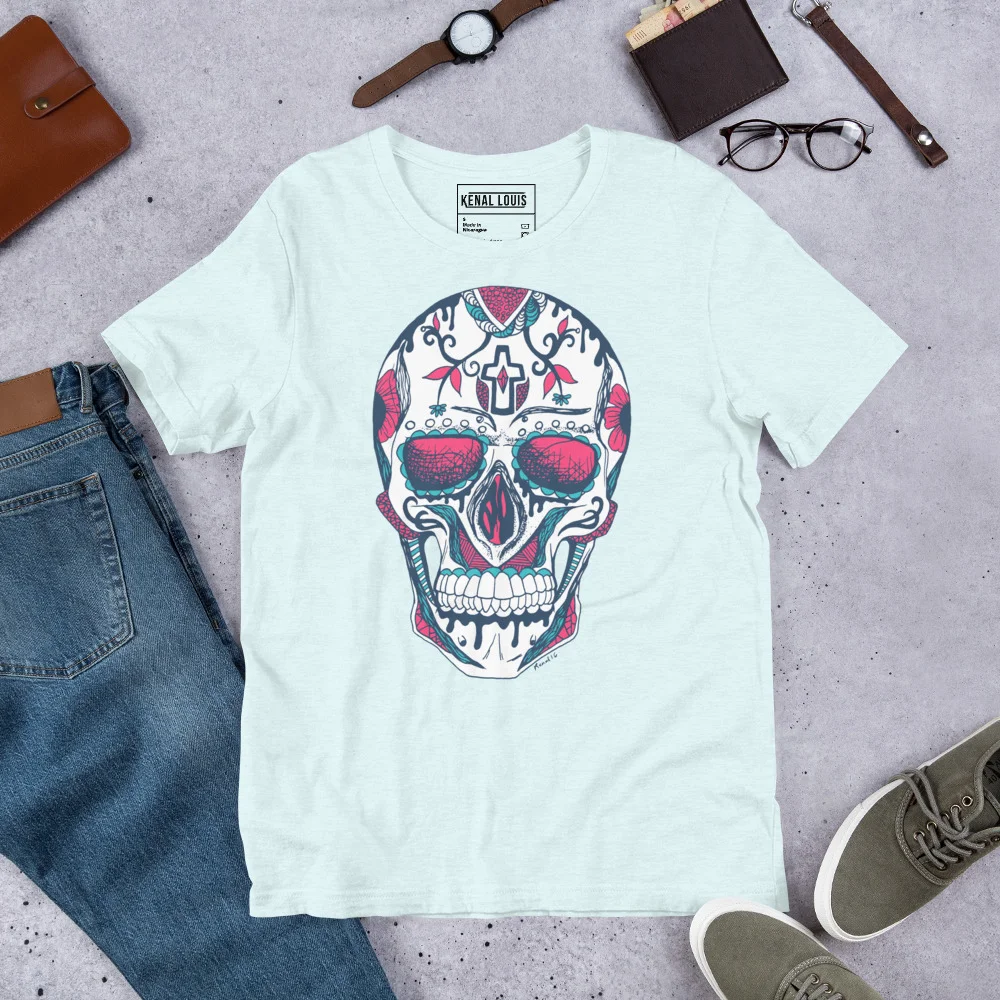 White Day of the Dead t-shirt featuring a colorful sugar skull design with pink, teal, and navy floral patterns and religious iconography