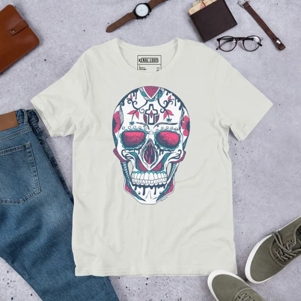 White day of the dead t-shirt featuring a colorful sugar skull design with pink and teal details