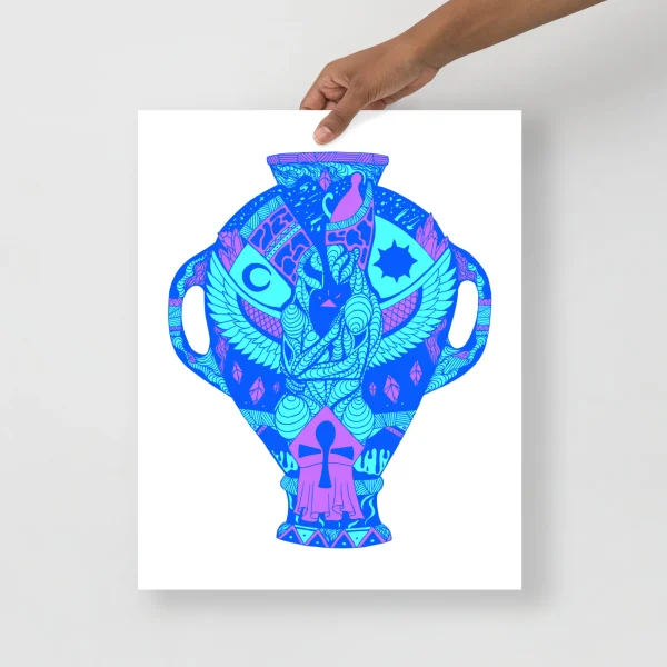 Blue amphora divine lovers art print with winged figure and intricate cyan pink geometric patterns on white background