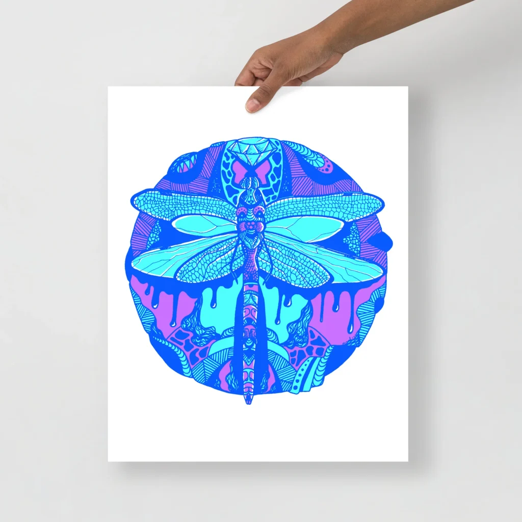 Dragonfly Art Print, Blue Circle Wall Decor