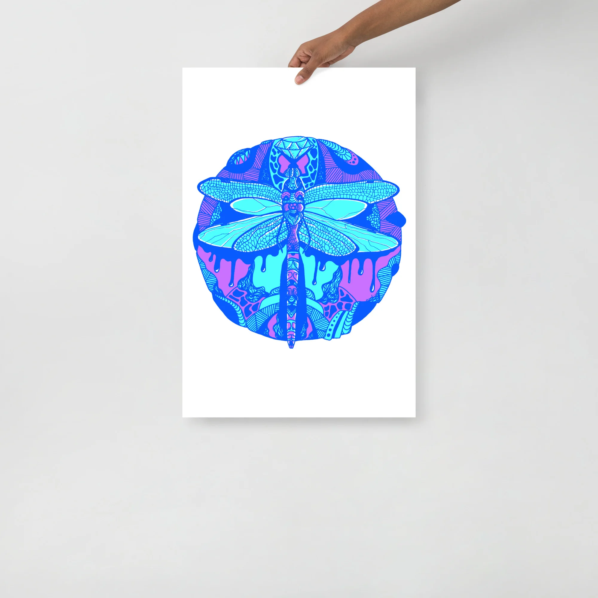Vibrant dragonfly art print featuring neon blue and pink geometric patterns in a circular design on white background.