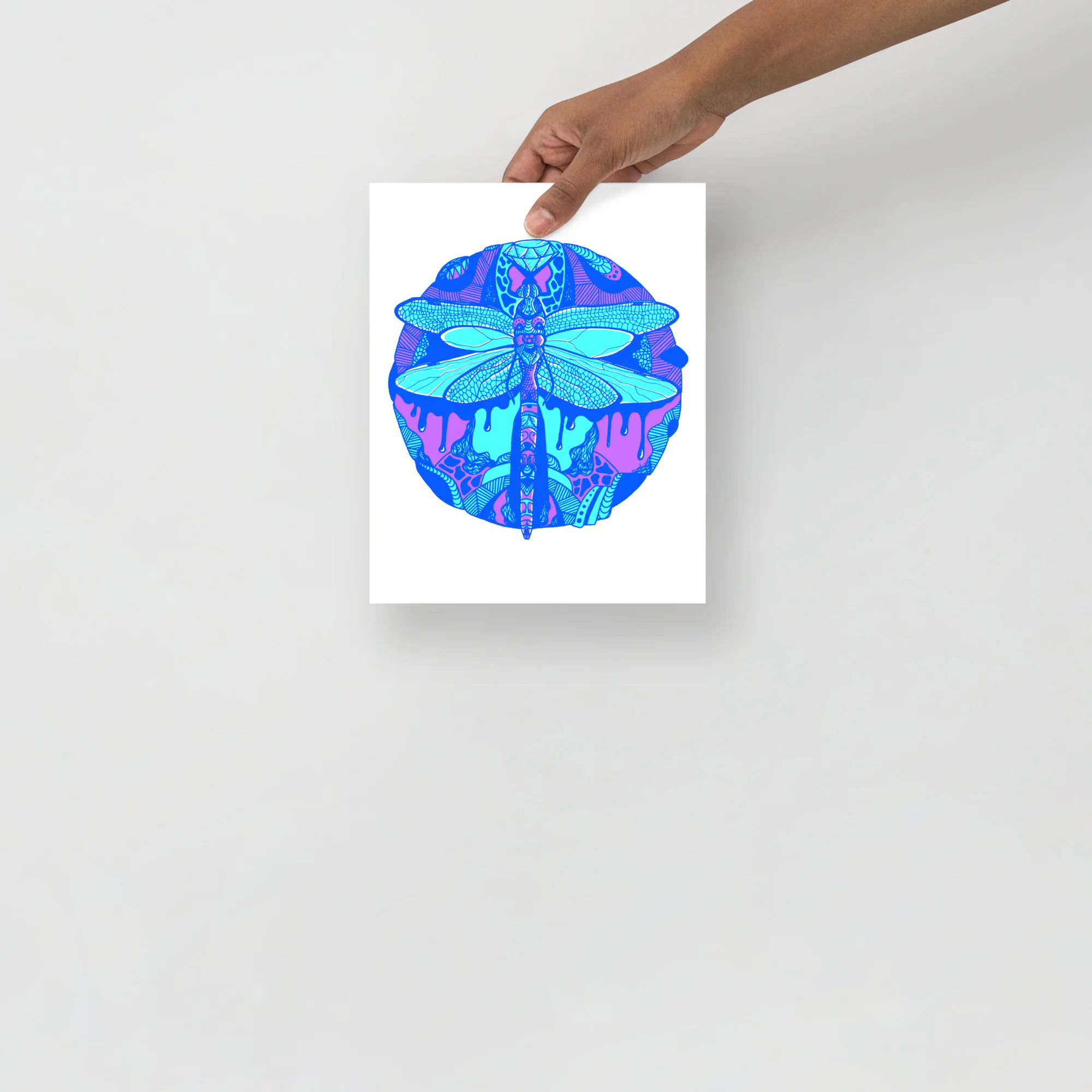 Blue circle dragonfly art print with intricate line work and cyan wings on a white background