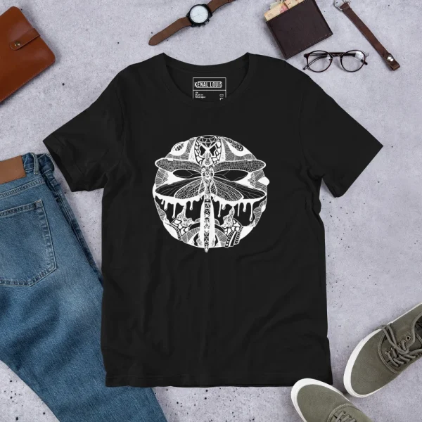 Black dragonfly t-shirt featuring white line art circle design with intricate geometric patterns
