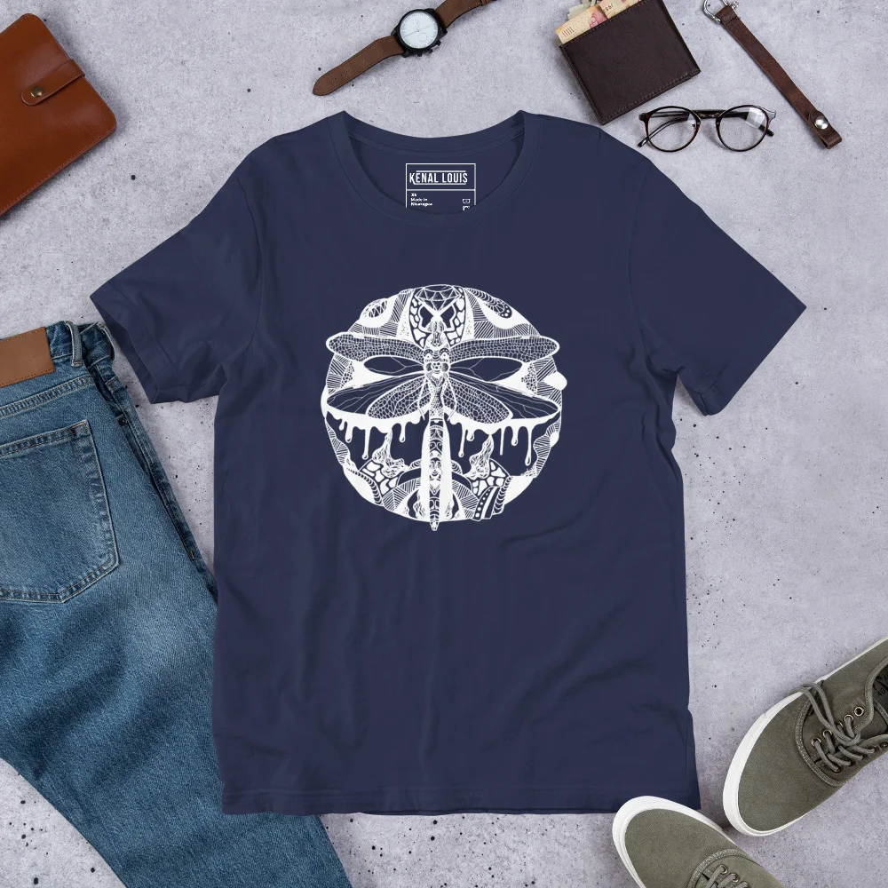 Navy dragonfly t-shirt with white line art circle design displayed flat with accessories