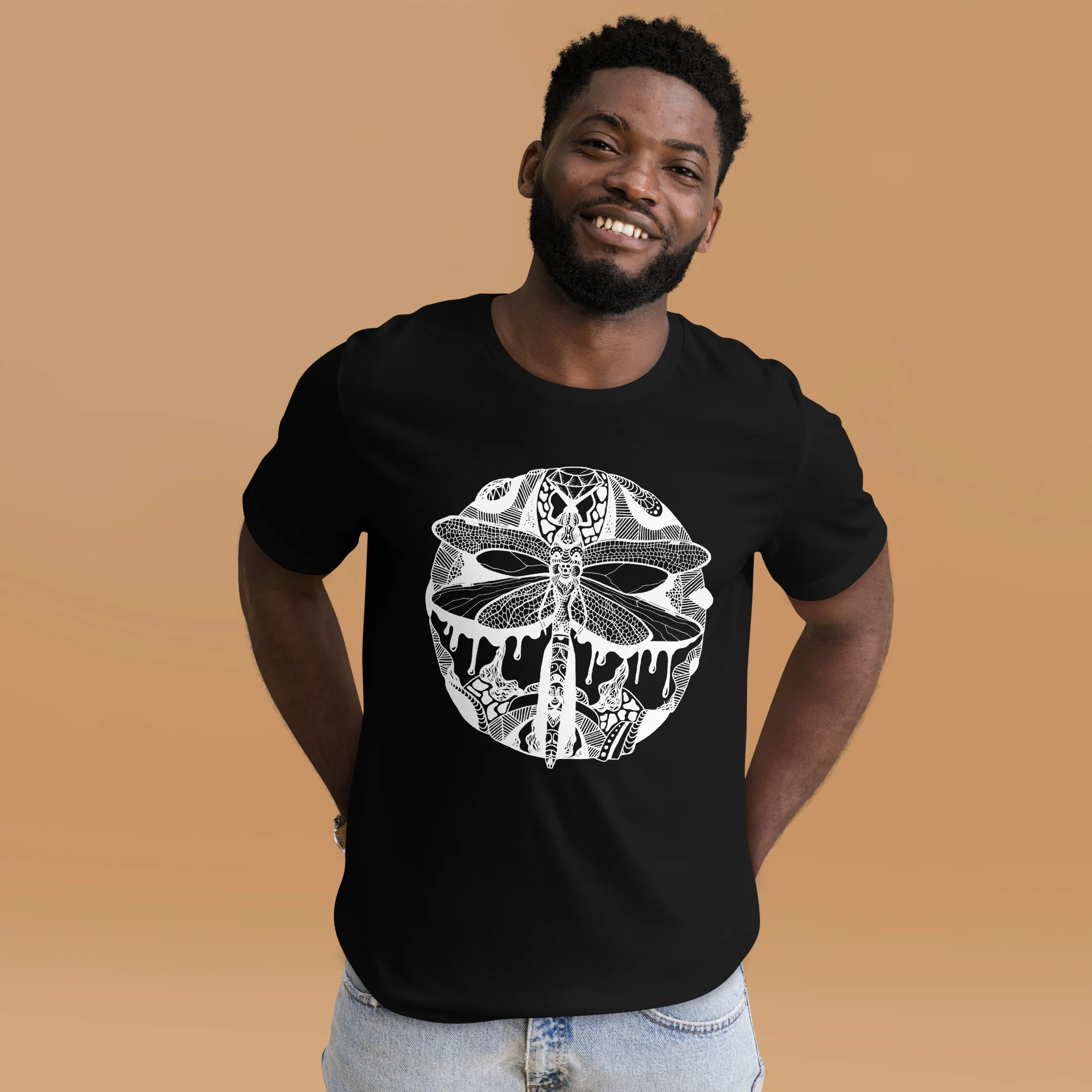 Black dragonfly t-shirt with white intricate line art design featuring a circular composition on the front.