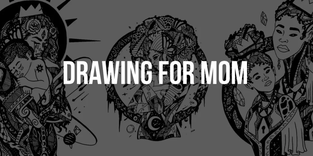 Three intricately detailed black-and-white illustrations depicting Black mothers tenderly cradling and standing with their children, surrounded by ornate cosmic and tribal patterns, perfect as a heartfelt drawing for mom.