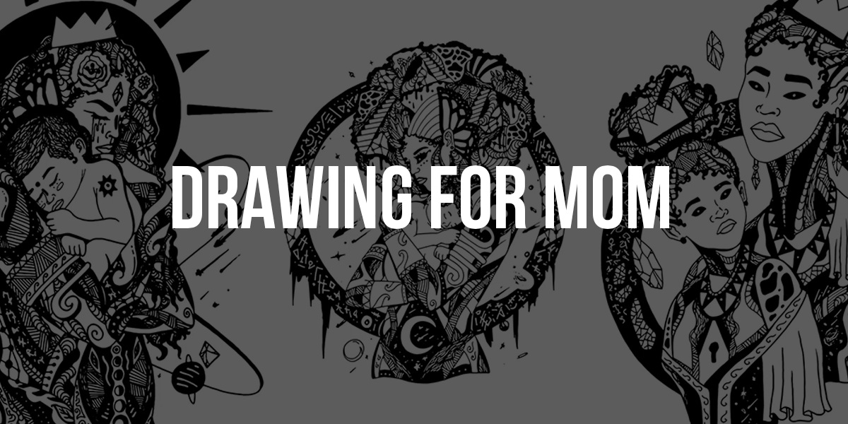 Three intricately detailed black-and-white illustrations depicting Black mothers tenderly cradling and standing with their children, surrounded by ornate cosmi…Three intricately detailed black-and-white illustrations depicting Black mothers tenderly cradling and standing with their children, surrounded by ornate cosmic and tribal patterns, perfect as a heartfelt drawing for mom.