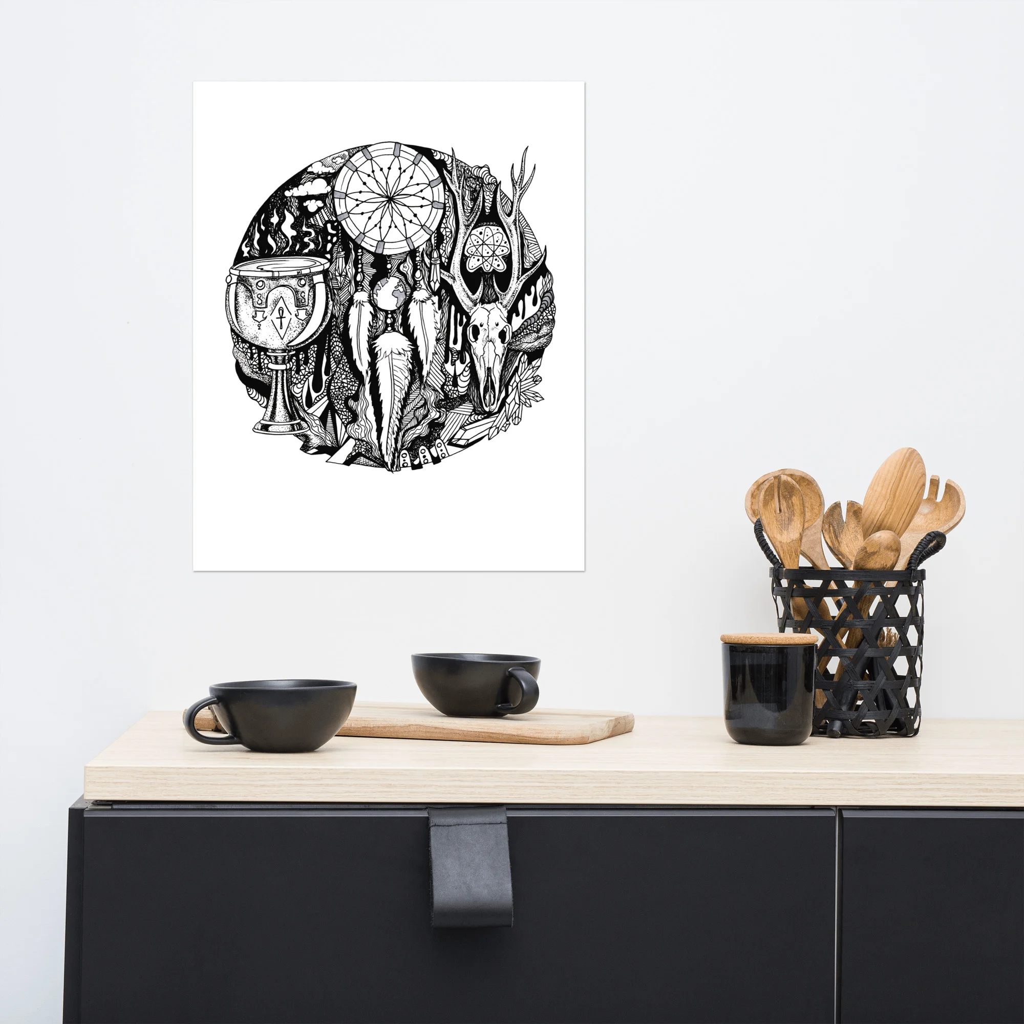 Dreamcatcher artwork featuring intricate ink pen drawing with desert and native american symbols displayed on white wall above wooden shelf