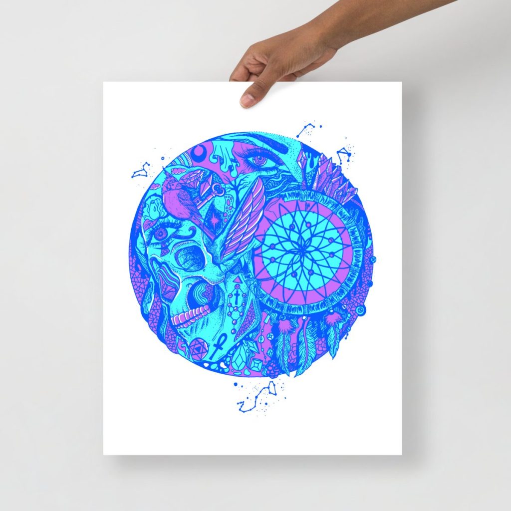 Blue-toned skull and dreamcatcher art print with cool ethereal aesthetic