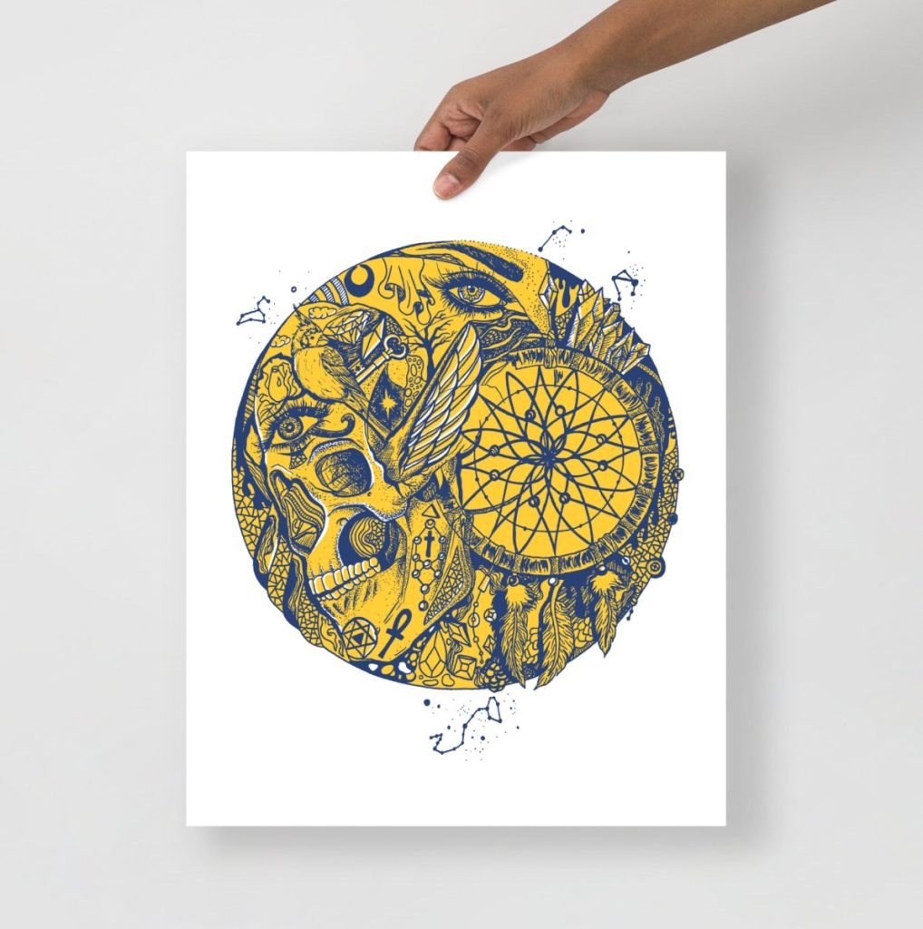 Navy and yellow skull dreamcatcher print with bold high-contrast color palette
