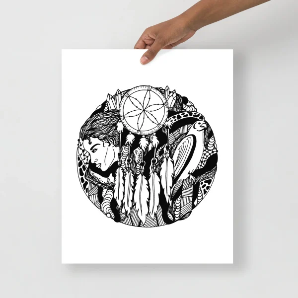 Hand-drawn dreamcatcher drawing featuring a falcon and feminine portrait with tribal details in black ink on white paper.