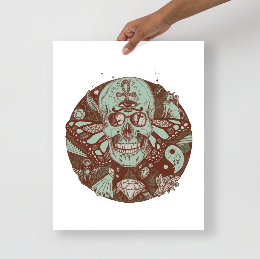 Sage green skull art print exploring earth tone art prints and human connection
