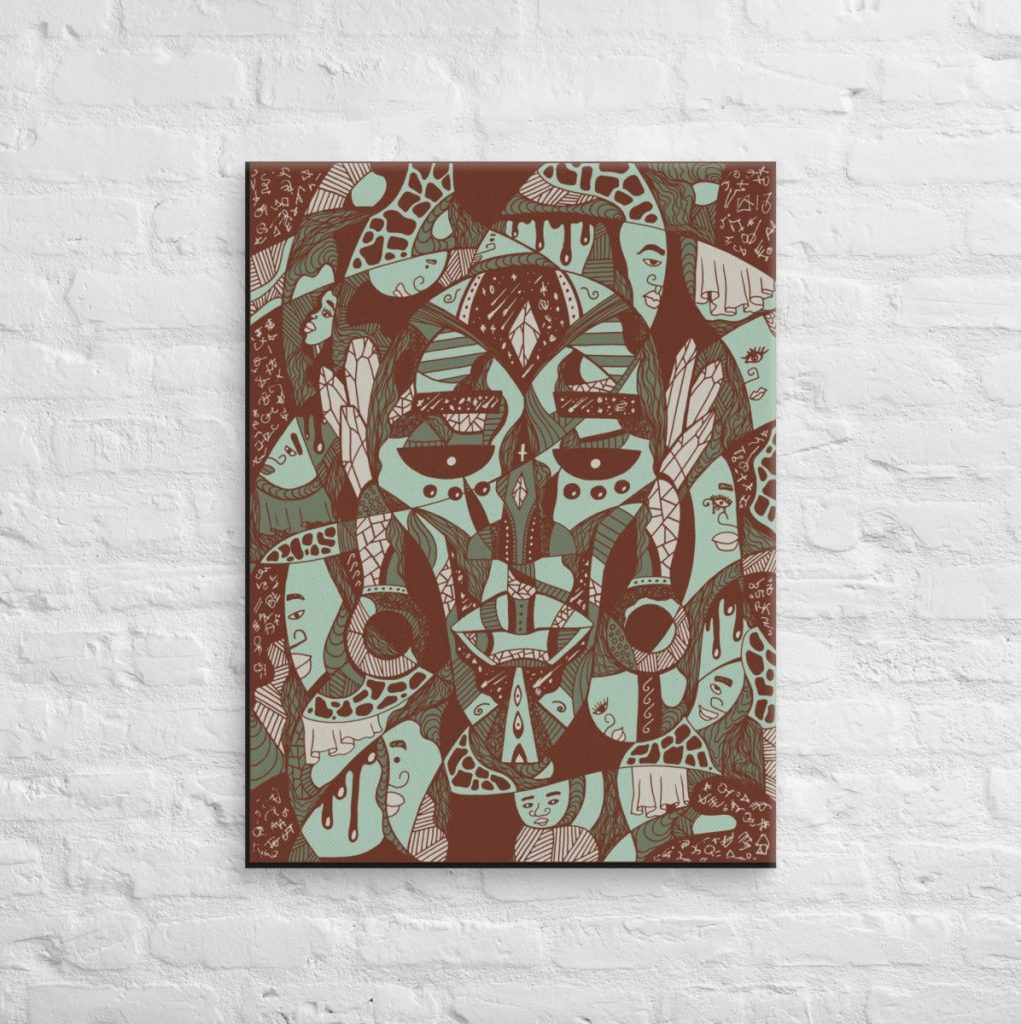 Afrocentric African mask canvas wall art rendered in rich sage green palette