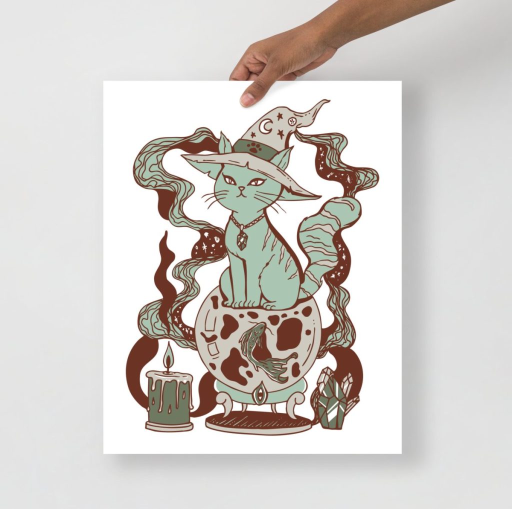 Magical fortune cat earth tone art print in enchanting sage green tones