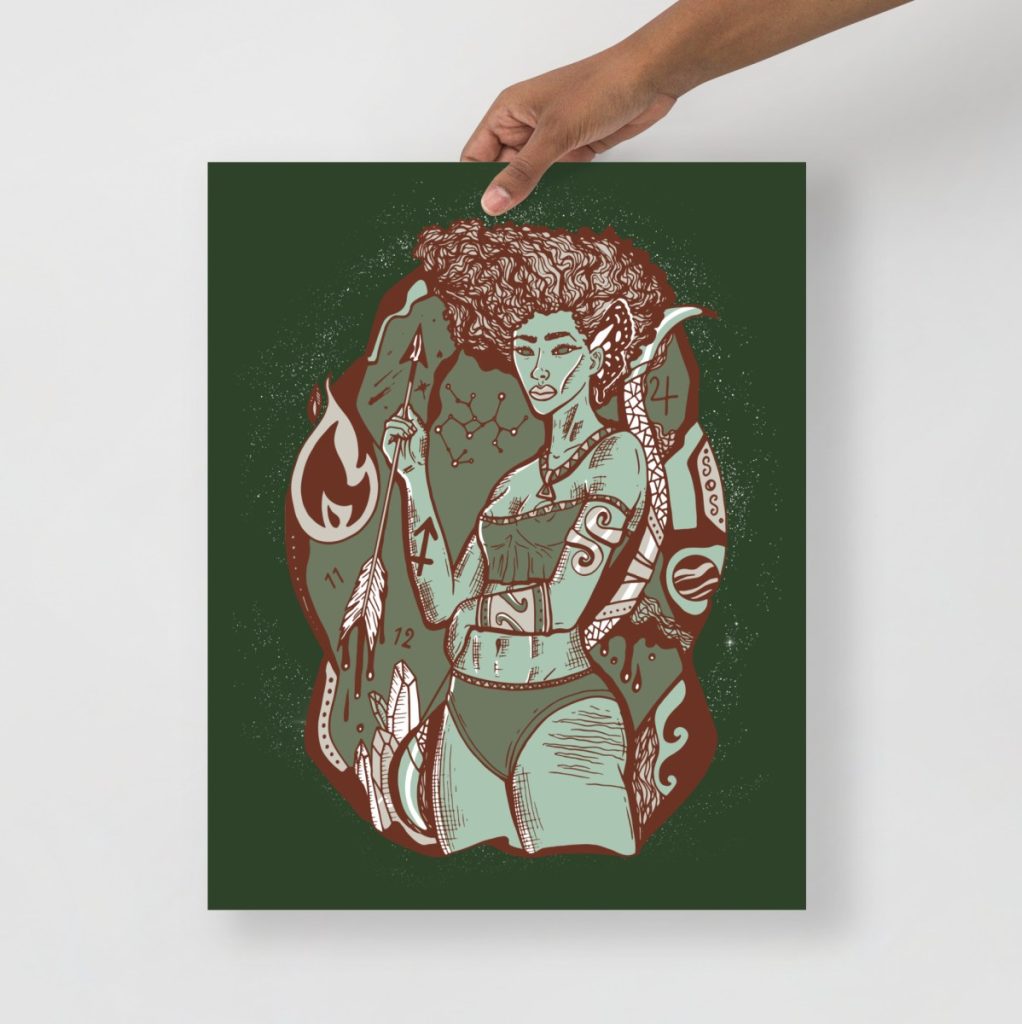Sagittarius goddess figure rendered in sage green earth tone wall art style