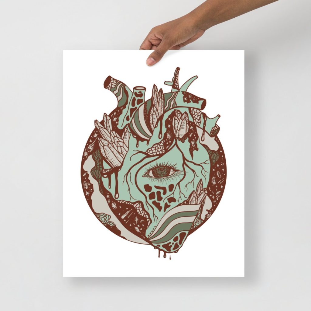 Anatomical heart illustration with cosmic elements in sage green earth tone wall art