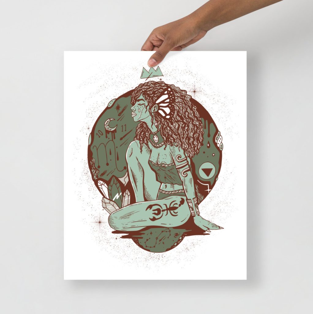 Scorpio goddess zodiac portrait in sage green earthy botanical wall art palette
