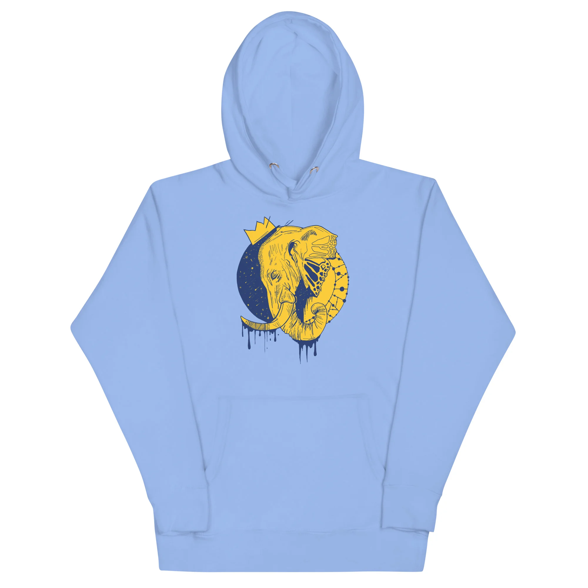Carolina blue elephant hoodie featuring a yellow crowned elephant with dripping ink design on the chest