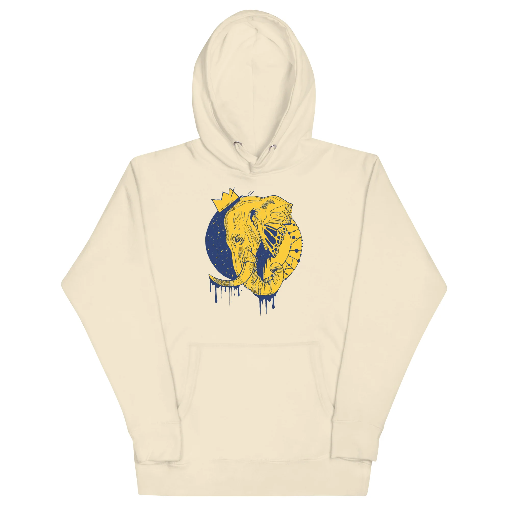 Cream bone colored elephant hoodie with yellow crowned elephant illustration and blue drip details on front.