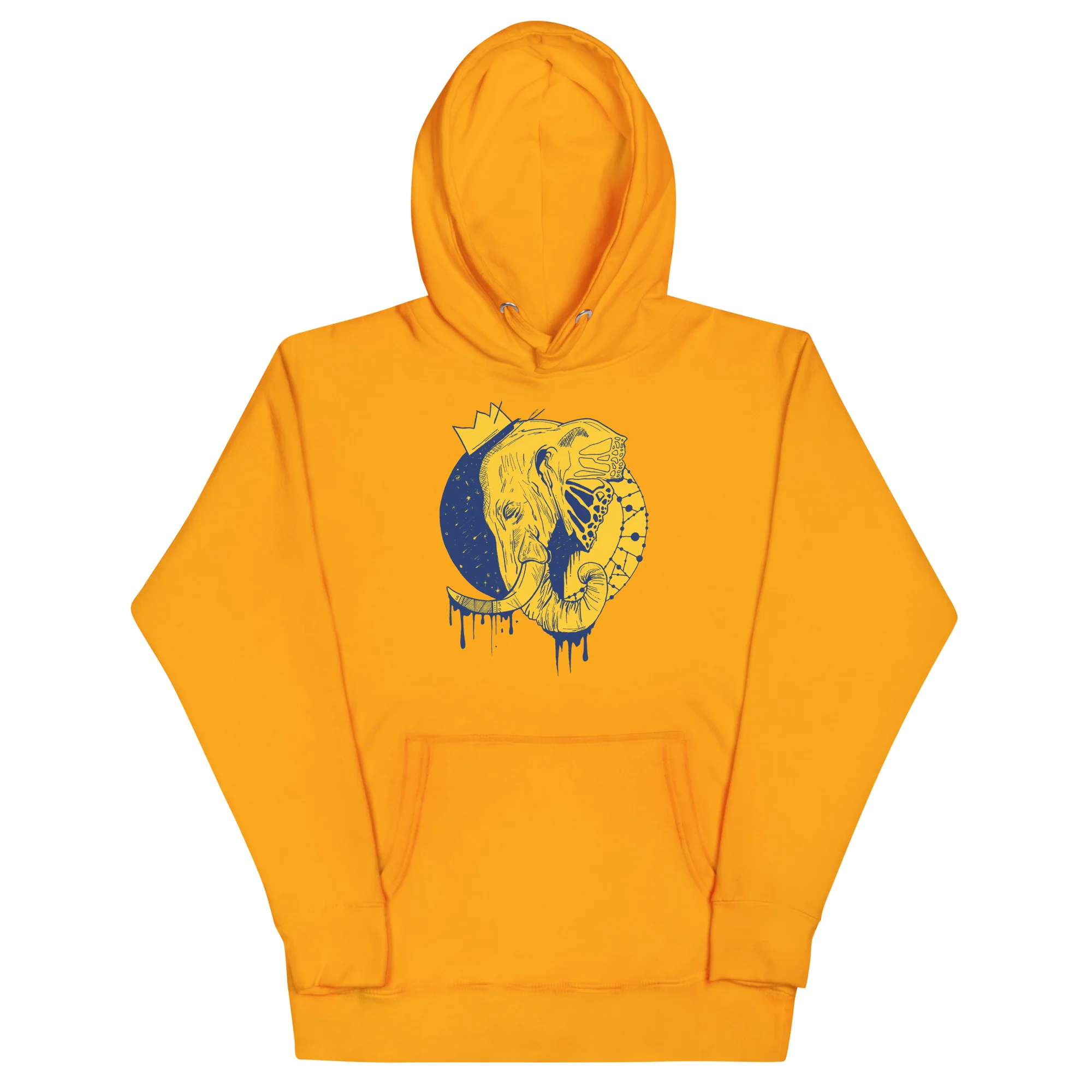 Gold elephant hoodie with crowned elephant illustration in navy and yellow artwork on chest
