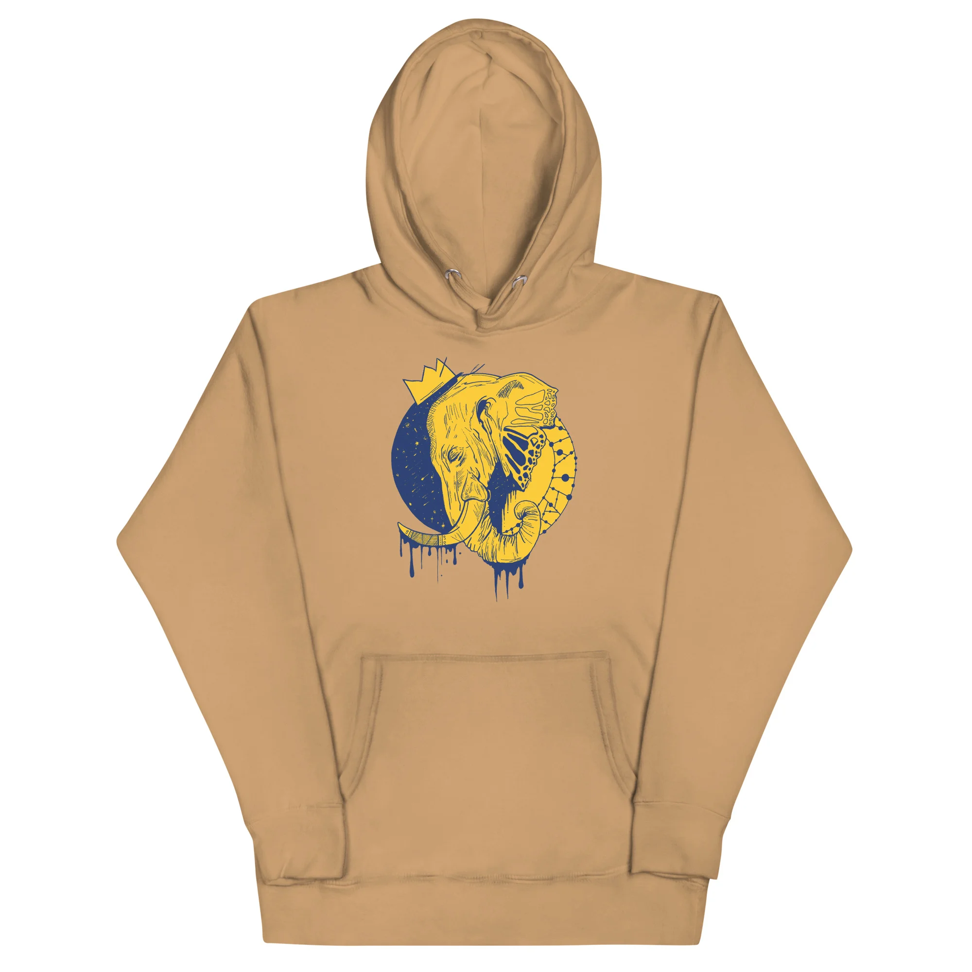 Khaki elephant hoodie displaying a yellow crowned elephant illustration with blue drip details on the chest