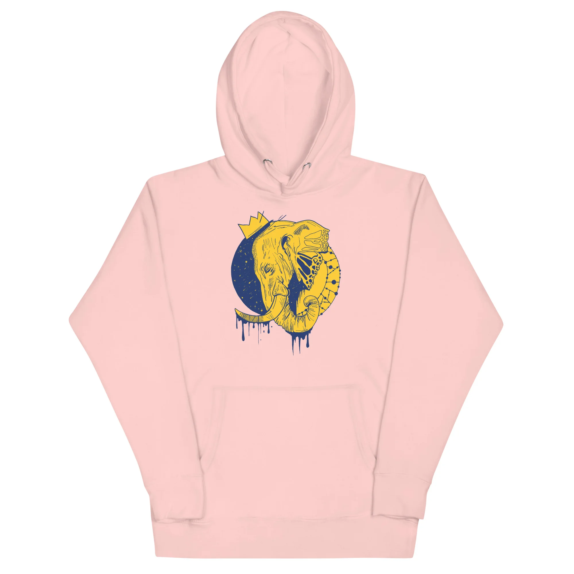 Light pink elephant hoodie featuring a yellow crowned elephant illustration with dripping blue accents on the chest