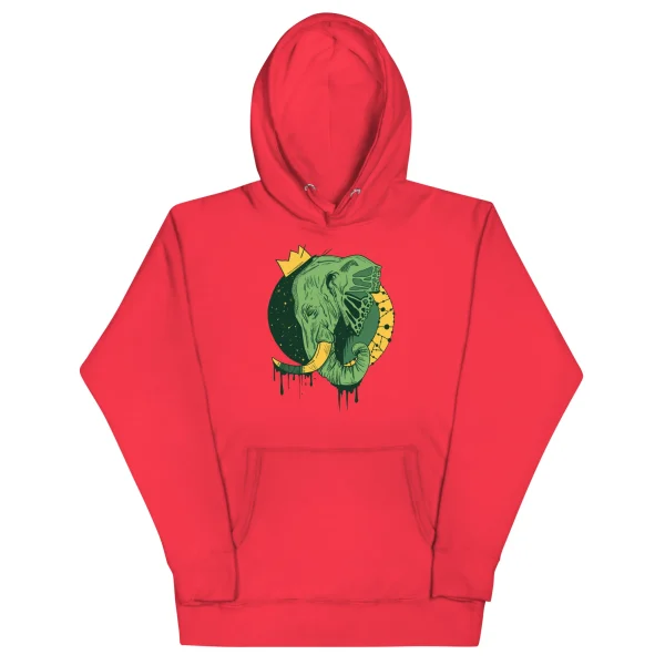 Red elephant hoodie featuring a crowned green elephant illustration with gold circular design and drip details on the front.