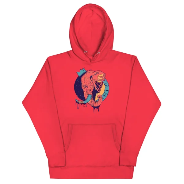 Red elephant hoodie with colorful crowned royal illustration and front pouch pocket