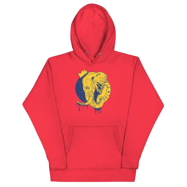 Red elephant hoodie with yellow crowned elephant illustration and dripping design on front